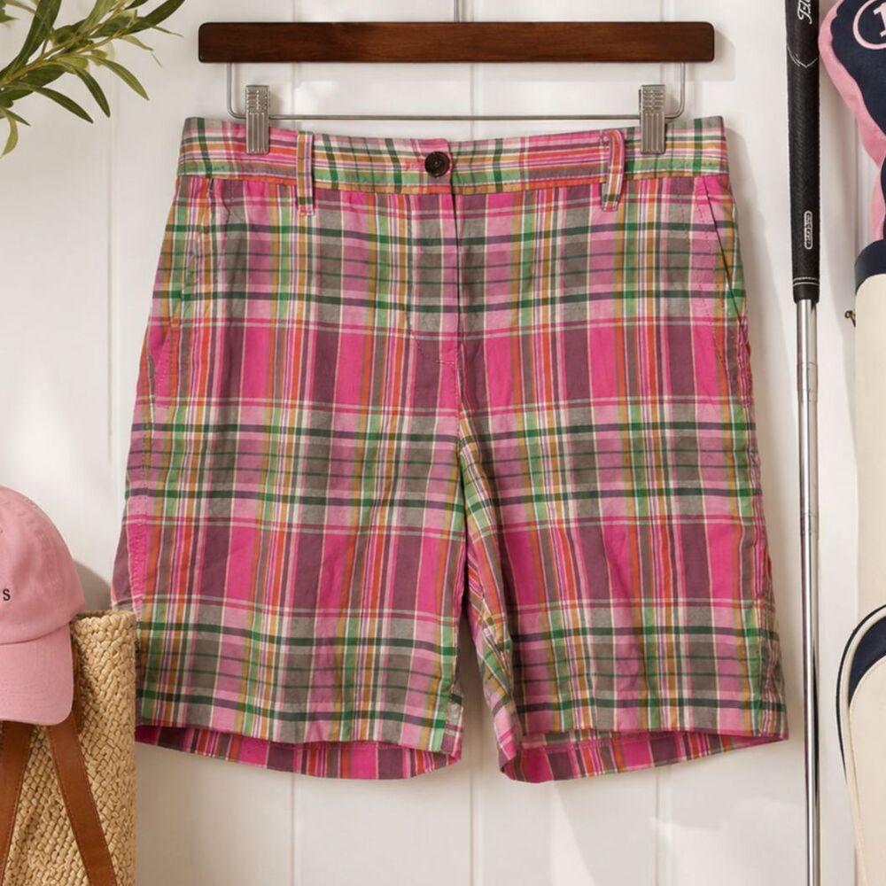 Talbots Madras Plaid Bermuda Shorts Womens Size 4 Pink Preppy Golf